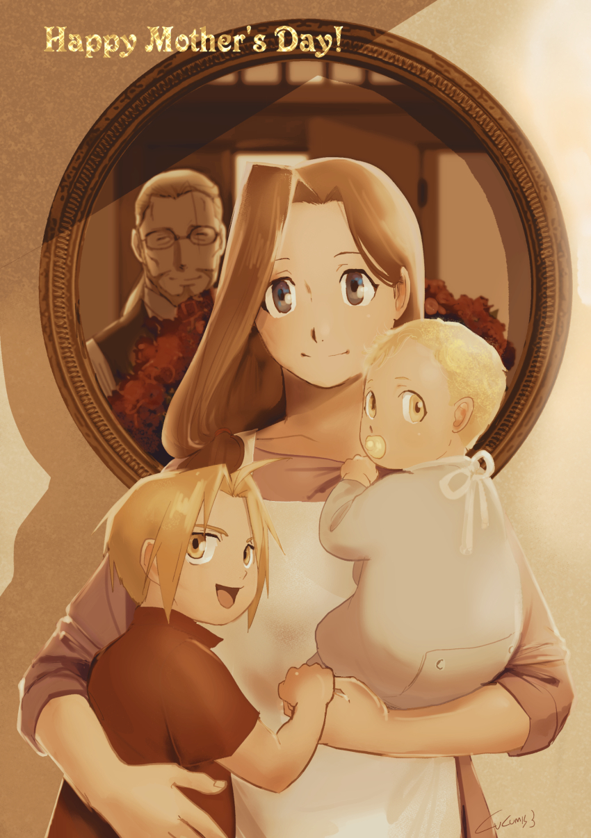 1girl 3boys alphonse_elric apron baby beard black_vest blonde_hair bouquet brothers brown_hair buttons carrying carrying_baby carrying_person cheekbones child_carry clenched_hand closed_eyes clothes_grab collarbone collared_shirt couple curly_hair door dress edward_elric english_text facial_hair facing_viewer family father_and_son fingernails flower fullmetal_alchemist glasses grey_eyes hair_behind_ear hair_over_shoulder hair_strand hair_tie hand_on_another&#039;s_back happy hetero highres holding holding_bouquet holding_hands indoors long_sleeves looking_at_another looking_back mirror mother&#039;s_day mother_and_son multiple_boys onesie open_door pacifier purple_dress railing red_flower red_shirt reflection sepia shade shadow shirt short_sleeves siblings side_ponytail sidelighting sleeves_rolled_up smile swept_bangs tareme trisha_elric twitter_username urikurage van_hohenheim vest wall white_apron white_shirt yellow_eyes