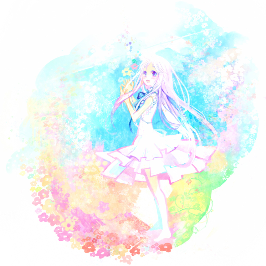 10s 10t_(1010) 1girl ano_hi_mita_hana_no_namae_wo_bokutachi_wa_mada_shiranai. barefoot blue_eyes colorful dress female_focus flower highres honma_meiko light_purple_hair long_hair open_mouth smile solo standing sundress white_hair