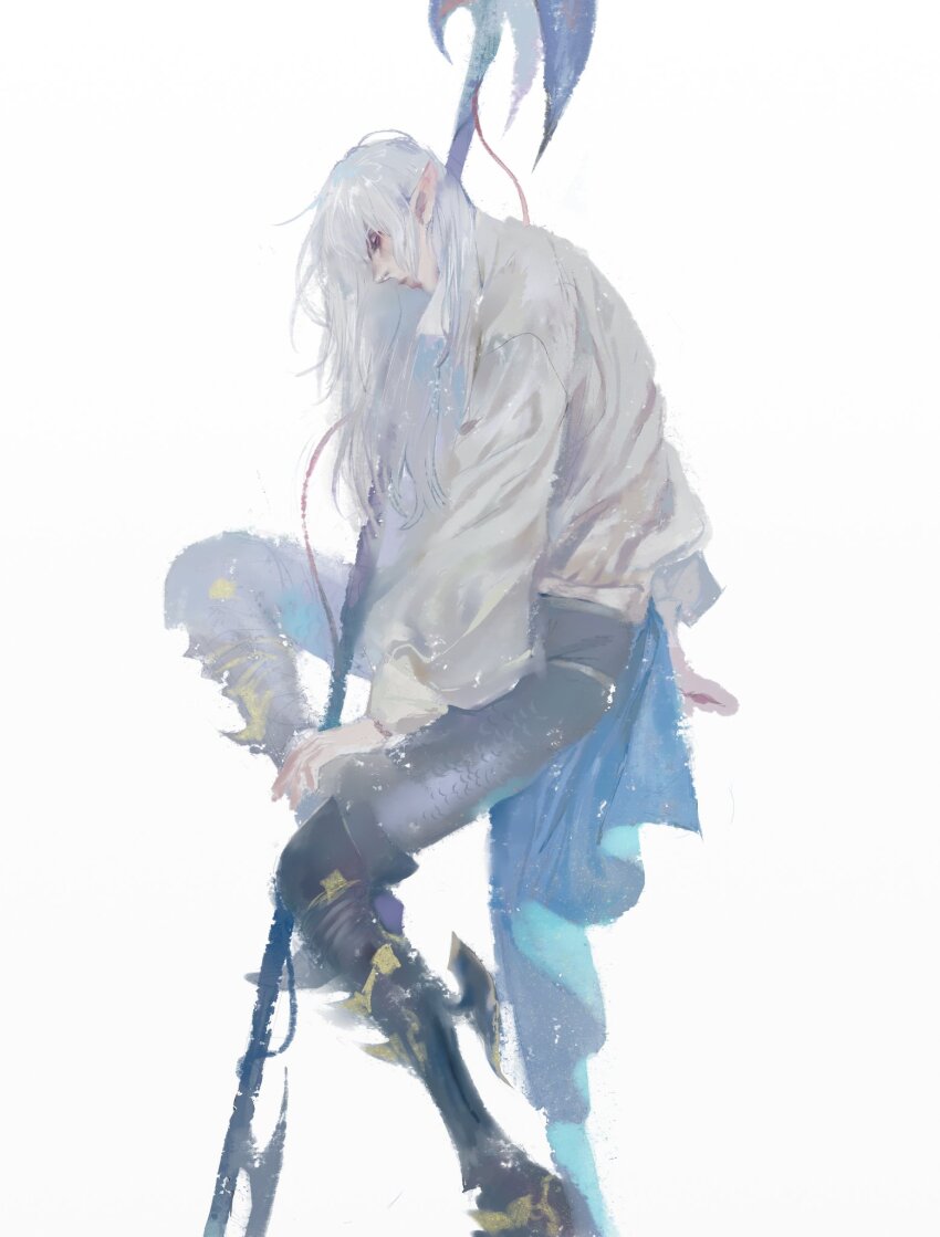 1boy armored_legwear black_pants closed_mouth elezen elf estinien_varlineau final_fantasy final_fantasy_xiv from_side highres knee_up long_hair long_pointy_ears long_sleeves male_focus melvinfeat pants parted_bangs pointy_ears polearm shirt simple_background solo weapon white_background white_hair white_shirt white_theme wing_collar