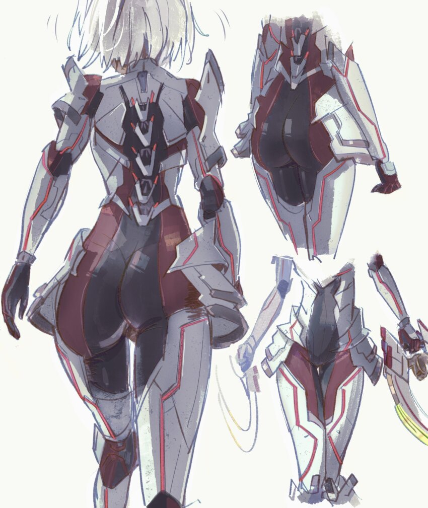 1girl armor armored_bodysuit ass ass_focus black_bodysuit bodysuit brown_bodysuit cosplay gloves grey_armor grey_hair highres hip_armor hip_gear holding holding_weapon m_(xenoblade) m_(xenoblade)_(cosplay) mio_(xenoblade) official_alternate_costume onepointzero short_hair sketch two-tone_bodysuit weapon xenoblade_chronicles_(series) xenoblade_chronicles_3
