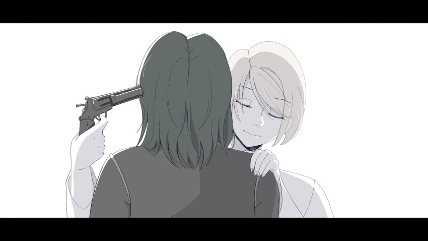 backlighting barisol_no_kodomo_wa_hitorikko_(vocaloid) blonde_hair closed_eyes double_suicide evillious_nendaiki green_hair grey_jacket gumi gun handgun highres holding holding_gun holding_weapon imminent_suicide jacket kagamine_rin lab_coat levia_barisol m_ur_i nemesis_no_juukou_(vocaloid) nemesis_sudou pale_color reincarnation revolver smile swept_bangs vocaloid wavy_hair weapon