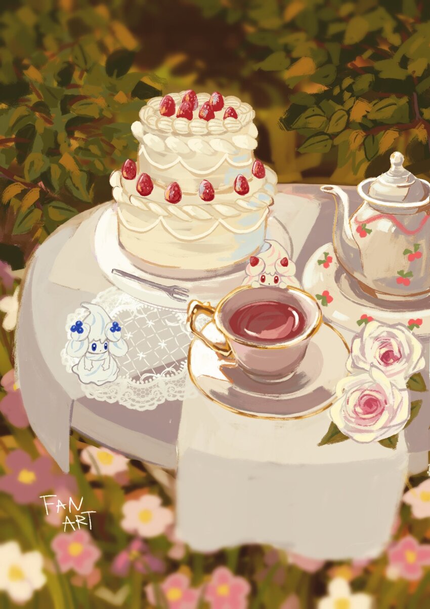 2girls 7ben9i alcremie alcremie_(berry_sweet) alcremie_(salted_cream) alcremie_(strawberry_sweet) alcremie_(vanilla_cream) blue_eyes blueberry_hair_ornament cake closed_mouth cup dot_mouth dress flower food food-themed_creature food-themed_hair_ornament fork full_body gen_8_pokemon hair_ornament highres long_hair looking_at_viewer multiple_girls nintendo outdoors pink_flower pokemon pokemon_(creature) rose standing strawberry_hair_ornament table teacup teapot white_flower white_hair white_rose
