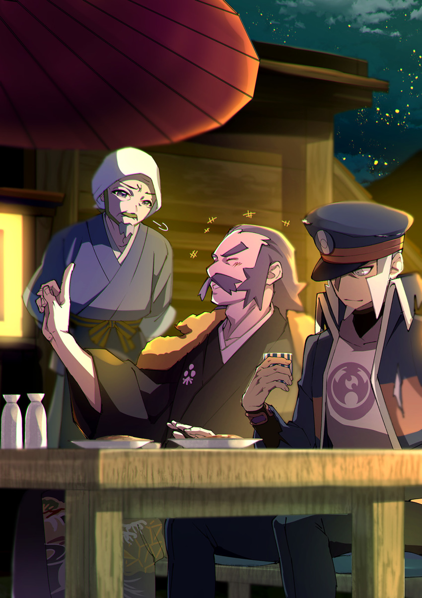+++ 3boys beni_(pokemon) black_coat black_headwear black_kimono bottle cloud coat commentary_request cup facial_hair food grey_eyes grey_hair hand_up hat high_collar highres holding holding_cup ingo_(pokemon) jacket jacket_on_shoulders japanese_clothes kamado_(pokemon) kimono long_sideburns male_focus mitsuha_(bless_blessing) multiple_boys mustache night nintendo outdoors peaked_cap pearl_clan_outfit plate pokemon pokemon_legends:_arceus short_hair sideburns sitting sky table trench_coat umbrella
