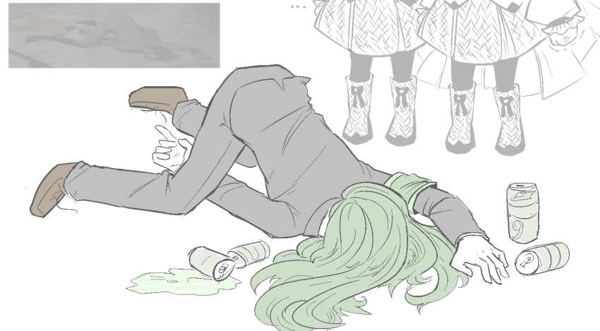 1girl 2boys between_legs can commentary el_elluci english_commentary formal_clothes green_hair hand_between_legs jaggy_lines lobotomy_corporation long_hair multiple_boys netzach_(project_moon) project_moon screenshot_inset spill suit tiphereth_a_(project_moon) tiphereth_b_(project_moon) top-down_bottom-up