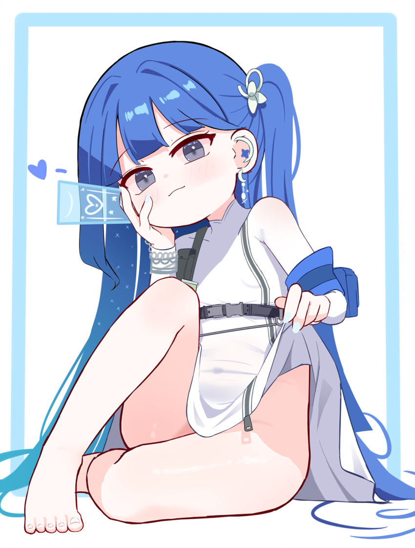 1girl aged_down alternate_breast_size arcana_(nikke) barefoot blue_hair blue_nails closed_mouth clothes_lift commentary dress dress_lift earrings english_commentary goddess_of_victory:_nikke grey_eyes hair_ornament heart highres jewelry loli long_hair looking_to_the_side no_panties side_ponytail solo sseopik thighs white_background white_dress