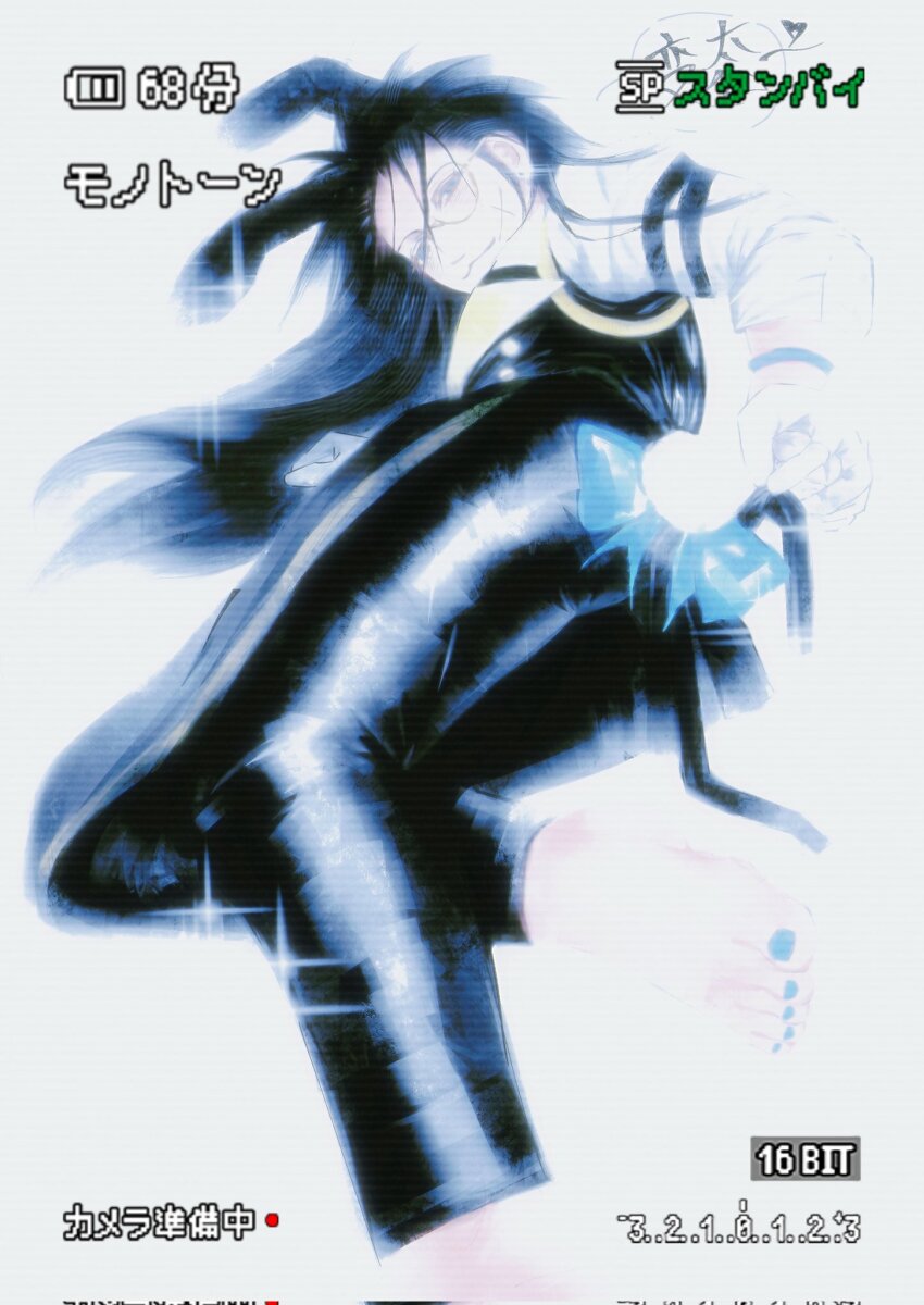 1boy animal_ears arm_strap back_bow barefoot black_hair black_pants black_vest blue_bow blue_nails bow butler commentary final_fantasy final_fantasy_vii final_fantasy_vii_ever_crisis foreshortening from_below full_body glasses gloves highres long_hair long_sleeves looking_at_viewer looking_down male_focus nail_polish official_alternate_costume pants rabbit_ears rabbit_tail recording scar scar_on_face shirt smile solo spiked_hair tail tail_bow tail_ornament translation_request vest viewfinder wadanoki1st white_gloves white_shirt zack_fair zack_fair_(bunny_butler)
