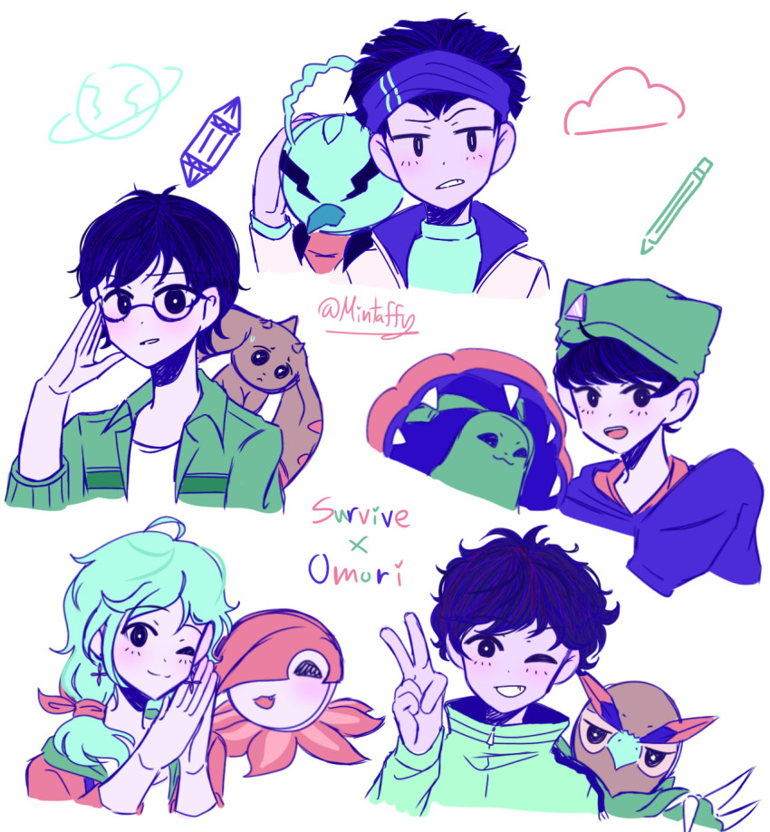 digimon dracumon falcomon floramon highres hinata_minoru kayama_shuuji kimishima_saki kunemon lopmon omori one_eye_closed parody shinonome_kaito simple_background style_parody tominaga_ryo v white_background wink