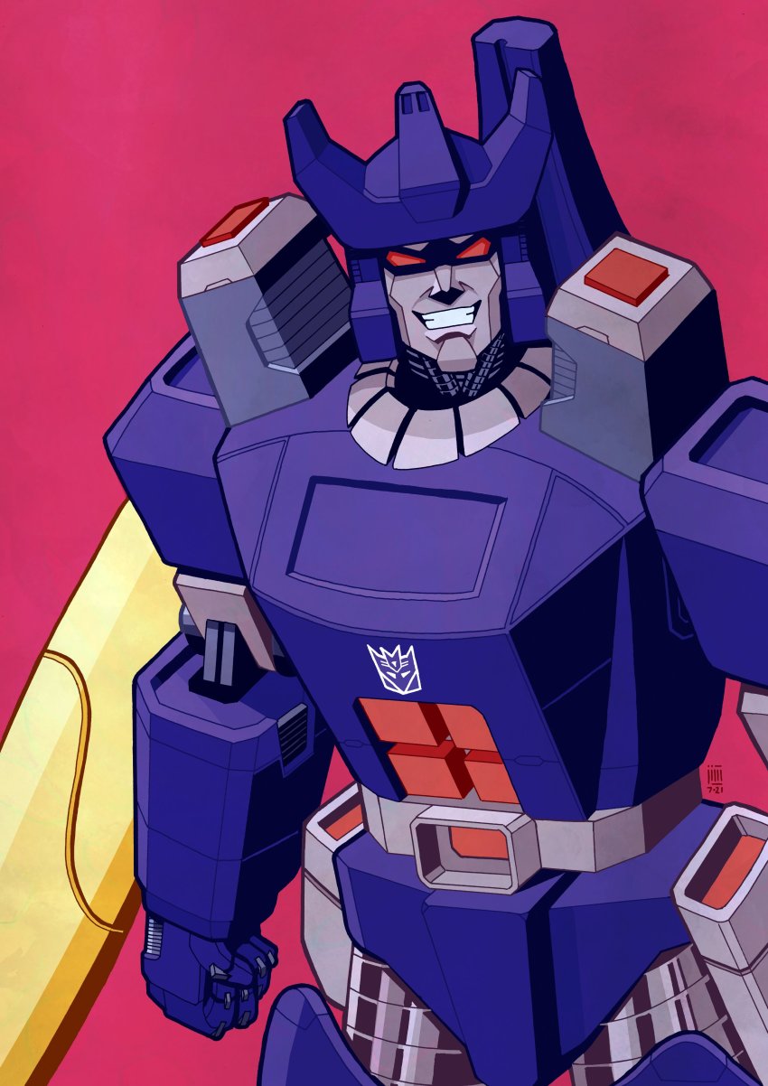 1boy absurdres arm_cannon clenched_hand clenched_teeth decepticon galvatron highres insignia jim_stafford looking_at_viewer mecha no_humans red_background red_eyes robot solo teeth transformers weapon