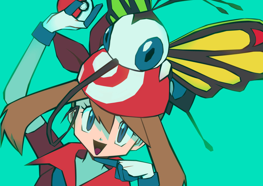 1girl absurdres aqua_background arm_up bandana beautifly blue_eyes brown_hair commentary_request eyelashes gen_3_pokemon gloves hair_between_eyes highres holding holding_poke_ball may_(pokemon) nintendo on_head ottoyamaotoko8 poke_ball poke_ball_(basic) pokemon pokemon_(anime) pokemon_(creature) pokemon_on_head pokemon_rse_(anime) red_bandana simple_background white_gloves