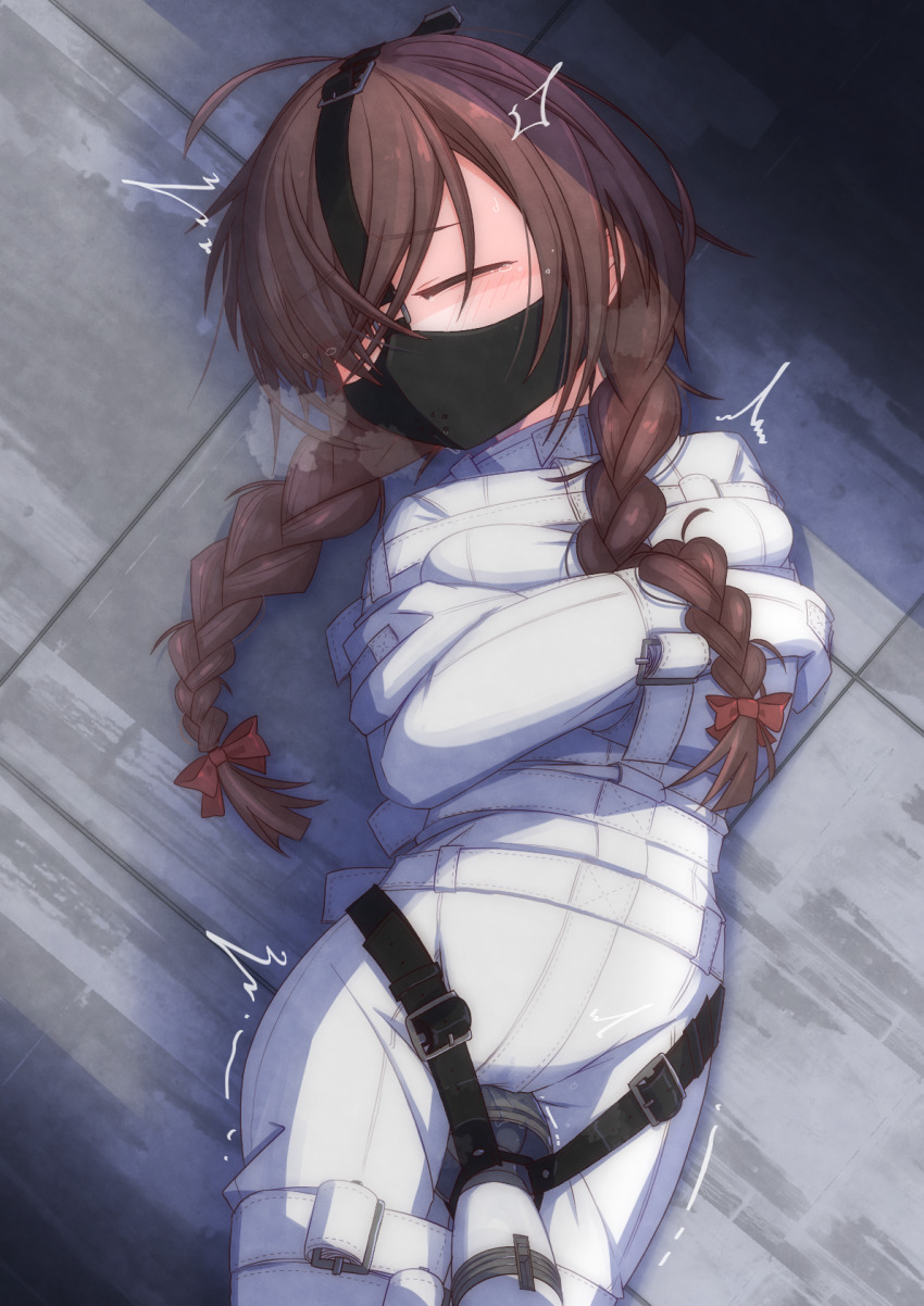 1girl ahoge arms_across_body arms_under_breasts bdsm belt_buckle bodysuit bound bound_arms bound_legs braid brown_hair buckle closed_eyes gag_harness gagged highres hitachi_magic_wand long_hair lying madotsuki menou_74 on_back sex_toy solo straitjacket twin_braids vibrator white_bodysuit yume_nikki