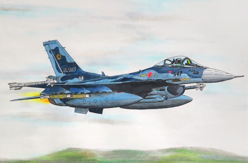 aim-9_sidewinder aircraft airplane cloud cloudy_sky external_fuel_tank fighter_jet helmet highres japan_air_self-defense_force japan_self-defense_force military military_vehicle mitsubishi_f-2 original pilot pilot_helmet sky smile_(jdsmyoko) vehicle_focus