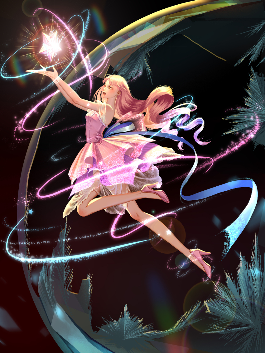 1girl absurdres back_bow back_ribbon bare_arms bare_legs bare_shoulders blue_ribbon blunt_bangs bow brown_eyes detached_sleeves dress eyelashes floating floating_clothes floating_hair frilled_dress frills full_body glass glowing gradient_hair high_heels highres infinity_nikki light_blush lipstick long_hair magic makeup multicolored_hair night night_sky nikki_(nikki) nikki_(series) open_mouth outstretched_arms parted_bangs pink_bow pink_dress pink_hair pink_shoes pleated_dress purple_hair qingniaoyi red_lips ribbon see-through_bow see-through_clothes see-through_sleeves shoes short_dress sky solo star_(symbol) starlit_celebration_(infinity_nikki) strapless strapless_dress striped_clothes striped_dress transformation vertical-striped_clothes vertical-striped_dress very_long_hair wavy_hair whimstar_(infinity_nikki) white_sleeves yarn