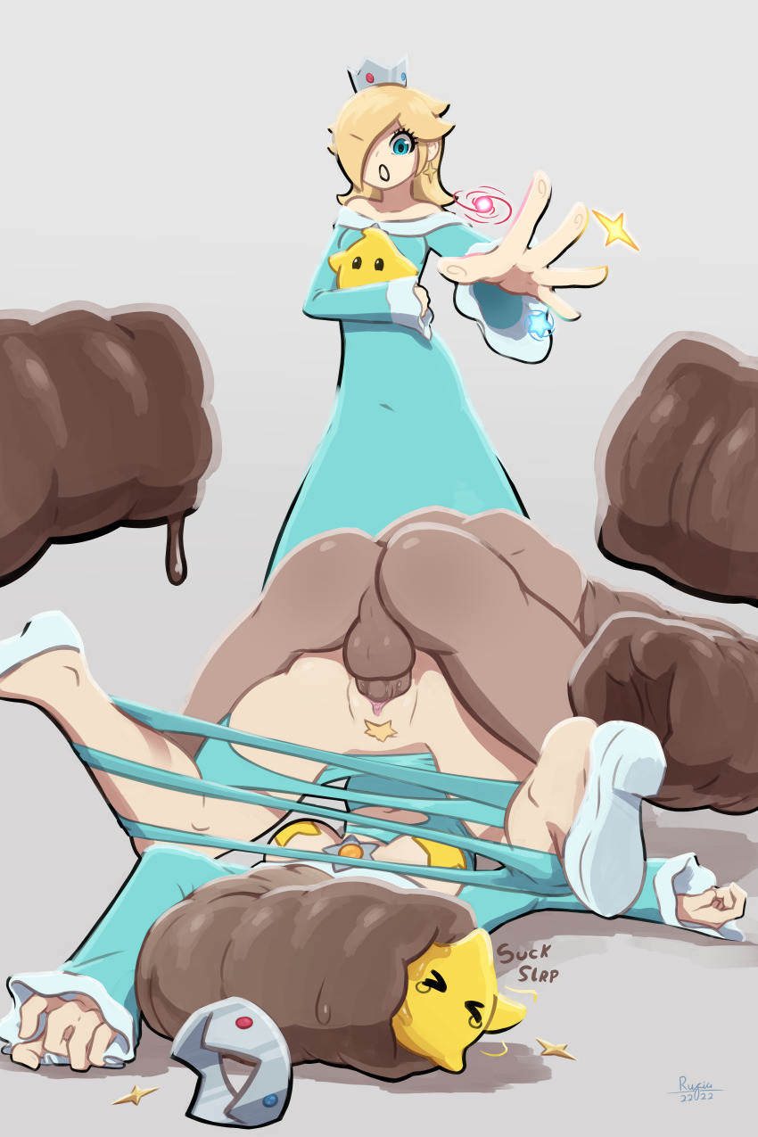 1boy 1girl absurdres blonde_hair blue_eyes clothed_female_nude_male clothed_sex dark-skinned_male dark_skin ear_piercing earrings english_text hair_over_one_eye highres huge_penis interracial jewelry leech long_hair looking_at_viewer luma_(mario) mario_(series) nintendo nude open_mouth penis piercing rosalina rufia star_(symbol) star_earrings super_mario_galaxy testicles top-down_bottom-up torn_clothes veins veiny_penis