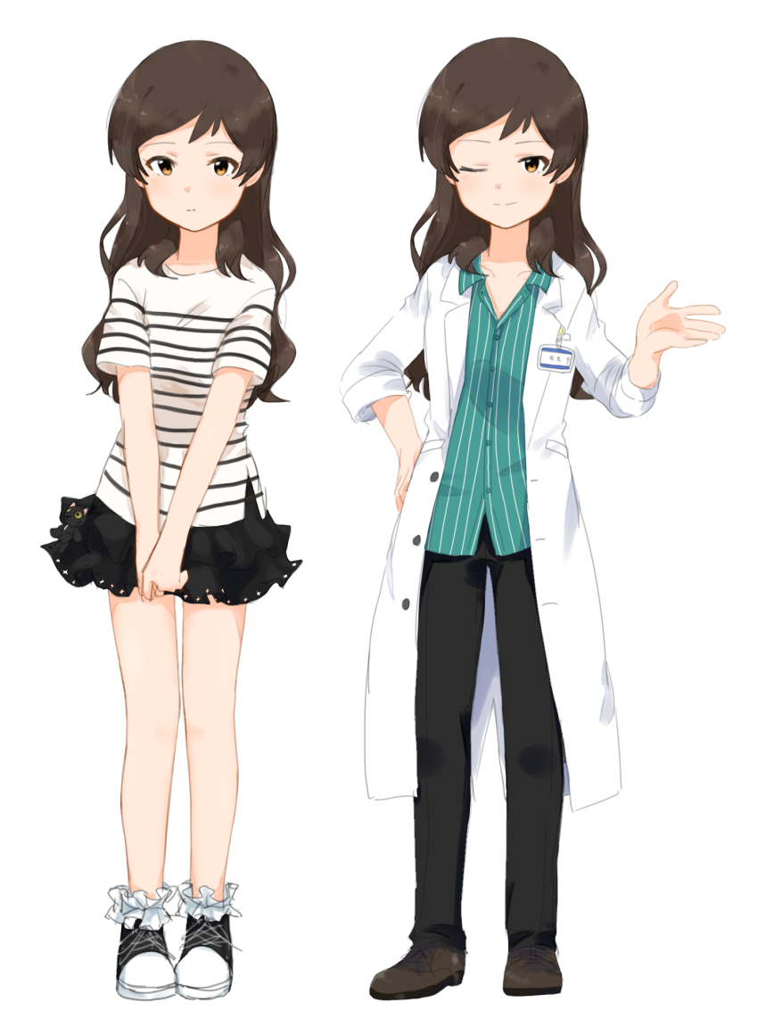 1girl black_pants black_skirt brown_eyes brown_hair brown_shoes closed_mouth coat collared_shirt frilled_skirt frills full_body green_skirt hand_on_own_hip hand_up highres hutaba idolmaster idolmaster_million_live! idolmaster_million_live!_theater_days kitazawa_shiho lab_coat lapels long_hair looking_at_viewer multiple_views notched_lapels one_eye_closed open_clothes open_coat open_collar pants pinstripe_pattern pinstripe_shirt shirt shoes short_sleeves simple_background skirt smile standing striped_clothes striped_shirt white_background white_coat white_shirt