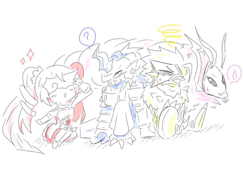 blush digimon digimon_(creature) digimon_rearise gaioumon looking_at_another lovelyangemon mask mitamamon ? rasenmon smile