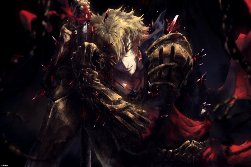 1boy artist_name blonde_hair chest_tattoo clawed_gauntlets closed_mouth commentary gold_necklace hankman highres honkai:_star_rail honkai_(series) jewelry looking_at_viewer male_focus mydei_(honkai:_star_rail) necklace red_tattoo short_hair solo tattoo yellow_eyes