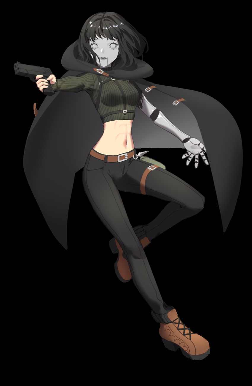 1girl absurdres angelika_(voxwave) belt black_hair black_pants cape gun highres mask mechanical_arms midriff muscular navel official_art pants saphirya short_hair single_mechanical_arm voxwave weapon