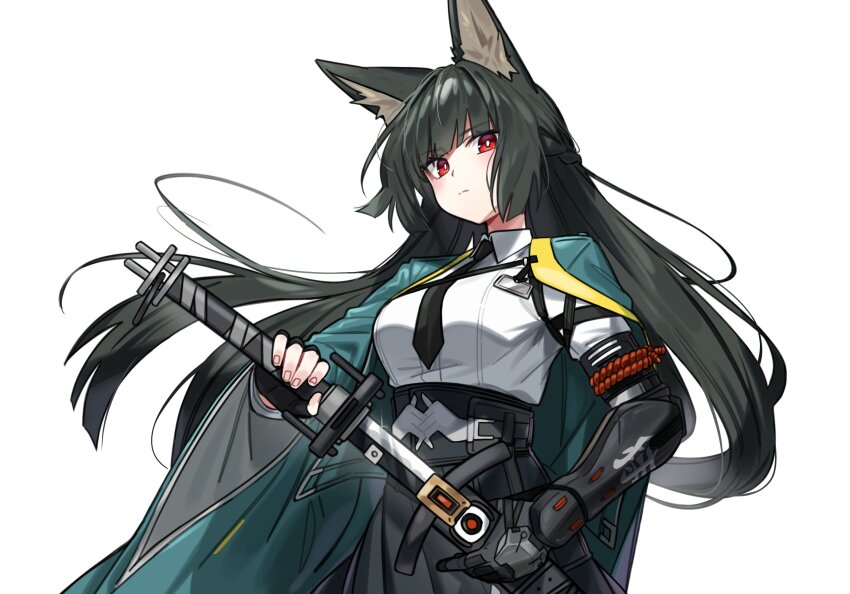 1girl animal_ear_fluff animal_ears black_gloves black_hair black_necktie black_skirt blunt_bangs closed_mouth cowboy_shot dress_shirt fingerless_gloves fox_ears fox_girl gloves green_jacket high-waist_skirt highres holding holding_sword holding_weapon hoshimi_miyabi jacket long_hair looking_at_viewer myam_(123ab456c) necktie red_eyes serious shirt sidelocks simple_background skirt solo sword weapon white_background white_shirt zenless_zone_zero