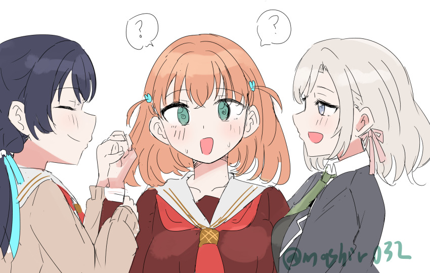 3girls :d ? @_@ arm_between_breasts between_breasts black_jacket black_sweater_vest blazer blue_hair blue_ribbon blush breasts brown_cardigan brown_dress cardigan ceras_yanagida_lilienfeld closed_eyes closed_mouth collared_shirt commentary_request crossed_bangs dress dress_shirt ereka girl_sandwich grabbing_another&#039;s_arm green_eyes green_necktie grey_eyes grey_hair hair_ornament hair_ribbon hasu_no_sora_school_uniform highres hinoshita_kaho holding_hands jacket large_breasts link!_like!_love_live! long_hair long_sleeves looking_at_another love_live! low_twintails medium_hair mizukawa_school_uniform mole mole_on_neck multiple_girls murano_sayaka neckerchief necktie open_cardigan open_clothes open_jacket open_mouth orange_hair pink_ribbon profile rabbit_hair_ornament red_neckerchief ribbon sailor_collar sailor_dress sandwiched school_uniform shirt sideways_mouth sketch smile spoken_question_mark sweat sweater_vest swept_bangs swimsuit twintails twitter_username two_side_up upper_body virtual_youtuber white_background white_sailor_collar white_shirt winter_uniform yuri