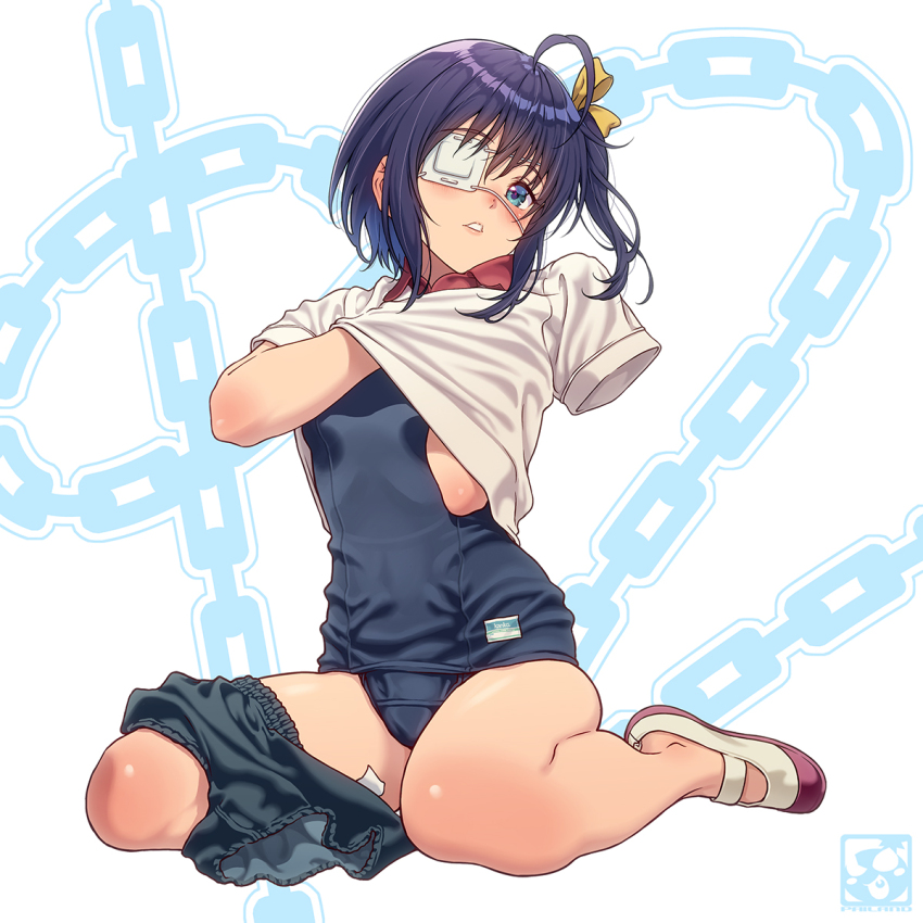 1girl ahoge blue_buruma blue_eyes blue_hair blue_one-piece_swimsuit blush buruma buruma_around_one_leg chuunibyou_demo_koi_ga_shitai! clothes_lift clothes_pull eyepatch gym_shirt gym_uniform hair_ribbon highres looking_at_viewer medical_eyepatch old_school_swimsuit one-piece_swimsuit one_side_up open_mouth pairan pulling_own_clothes ribbon school_swimsuit shirt shirt_lift shoes short_hair short_sleeves sitting solo swimsuit swimsuit_under_clothes takanashi_rikka undressing uwabaki wariza white_shirt