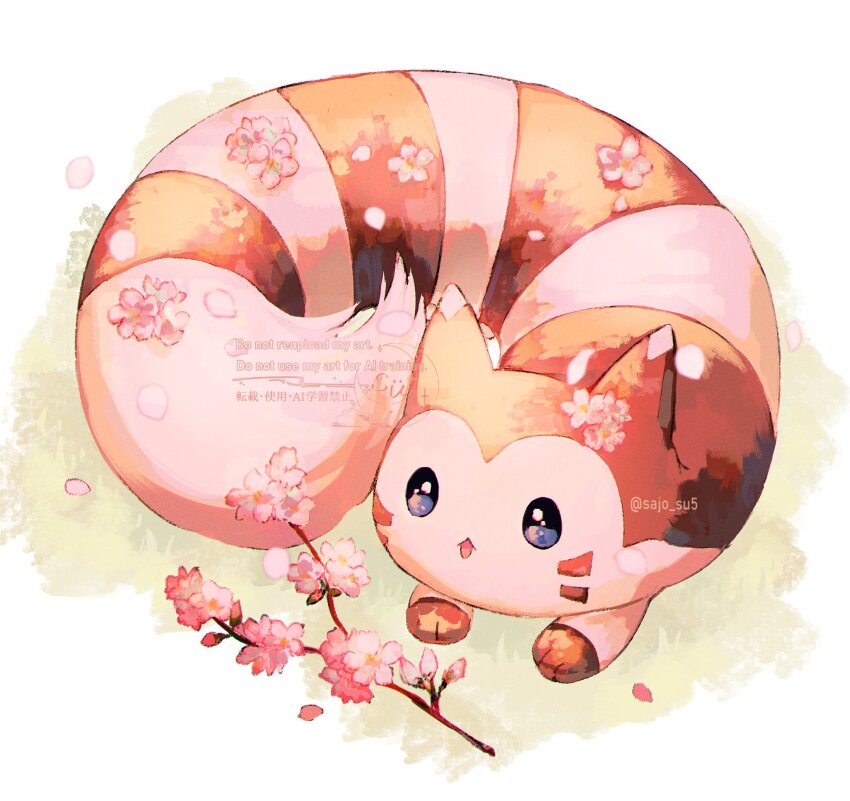 animal_focus blue_eyes cherry_blossoms flower furret gen_2_pokemon highres lying nintendo no_humans open_mouth pink_flower pink_petals pokemon pokemon_(creature) stick su_(sajo_su5) twitter_username watermark