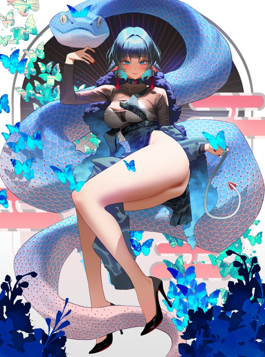 1girl absurdres alternate_costume animal_ears ass bare_legs black_dress black_hair breasts bug butterfly cleavage coat commentary dress fur-trimmed_coat fur_trim high_heels highres insect jane_doe_(zenless_zone_zero) large_breasts legs mouse_ears mouse_girl mouse_tail patent_heels pumps red_nails red_soles revision see-through_cleavage see-through_clothes shoes short_hair smile snake solo stiletto_heels tail thighs wonbin_lee zenless_zone_zero