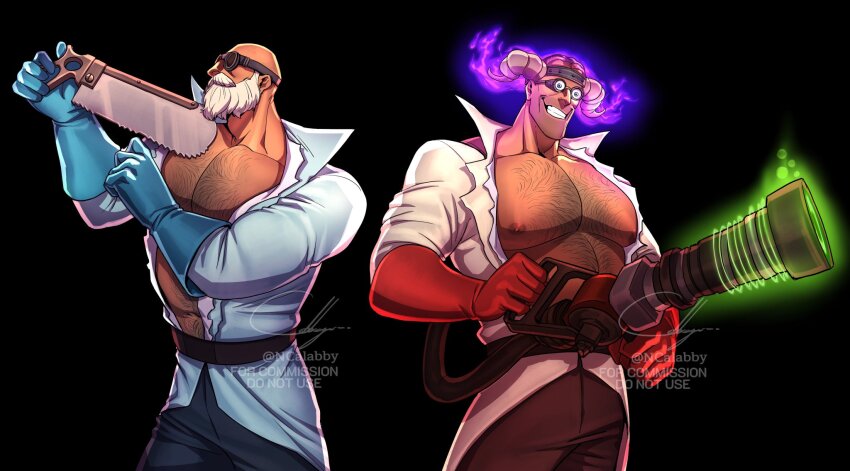 2boys alternate_costume alternate_hairstyle aura bald bald_male bara bare_pectorals beard belt black_background blu_medic_(tf2) blue_coat blue_eyes blue_gloves blue_pants bonesaw brown_belt buckle cabbage_(ncalabby) chest_hair coat collarbone collared_coat cowboy_shot dual_persona elbow_gloves eyes_visible_through_eyewear facial_hair fake_horns gloves glowing glowing_gun glowing_gun_barrel goggles grin gun helmet highres holding holding_gun holding_weapon horn_ornament horned_headwear horned_helmet horns huge_pectorals lab_coat large_pectorals looking_at_viewer looking_to_the_side male_focus mature_male medic_(tf2) multiple_boys muscular muscular_male navel_hair nipples official_alternate_costume open_clothes open_coat pants pectorals red_gloves red_medic_(tf2) red_pants rubber_gloves saw shirt short_hair smile stomach_hair team_fortress_2 teeth torn_clothes torn_coat torn_shirt weapon white_beard white_coat white_shirt