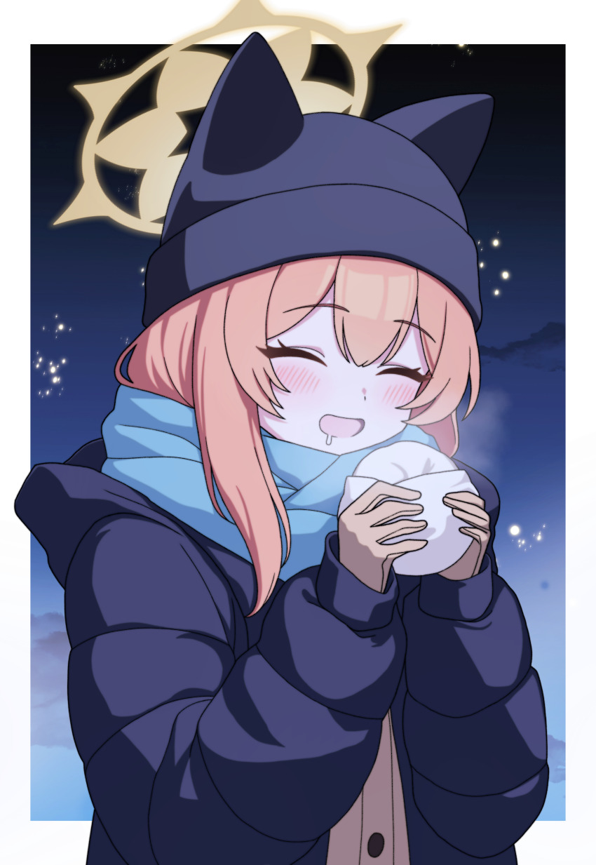 1girl absurdres animal_ears beanie black_hat black_jacket blue_archive blue_scarf blush border breath brown_cardigan brown_gloves buttons cardigan cat_ears closed_eyes cloud cold commentary drooling food gloves hair_over_shoulder halo hat highres holding holding_food hood hood_down jacket knit_hat korean_commentary mari_(blue_archive) night night_sky open_mouth orange_hair outdoors outside_border padded_jacket scarf sky smile solo star_(symbol) steamed_bun upper_body vector_(dmlddmld00) white_border yellow_halo