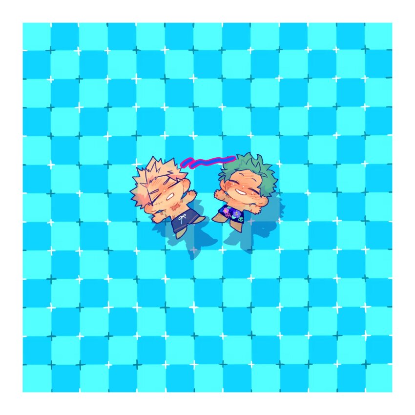 2boys bakugou_katsuki blonde_hair blue_male_swimwear blue_swim_trunks blush boku_no_hero_academia border closed_eyes drop_shadow floating green_hair grin highres lying male_focus male_swimwear midoriya_izuku multiple_boys on_back outstretched_arms primrose_field_illusion scar scar_on_chest short_hair smile sugokuinu summer sweat swim_trunks teeth topless_male white_border