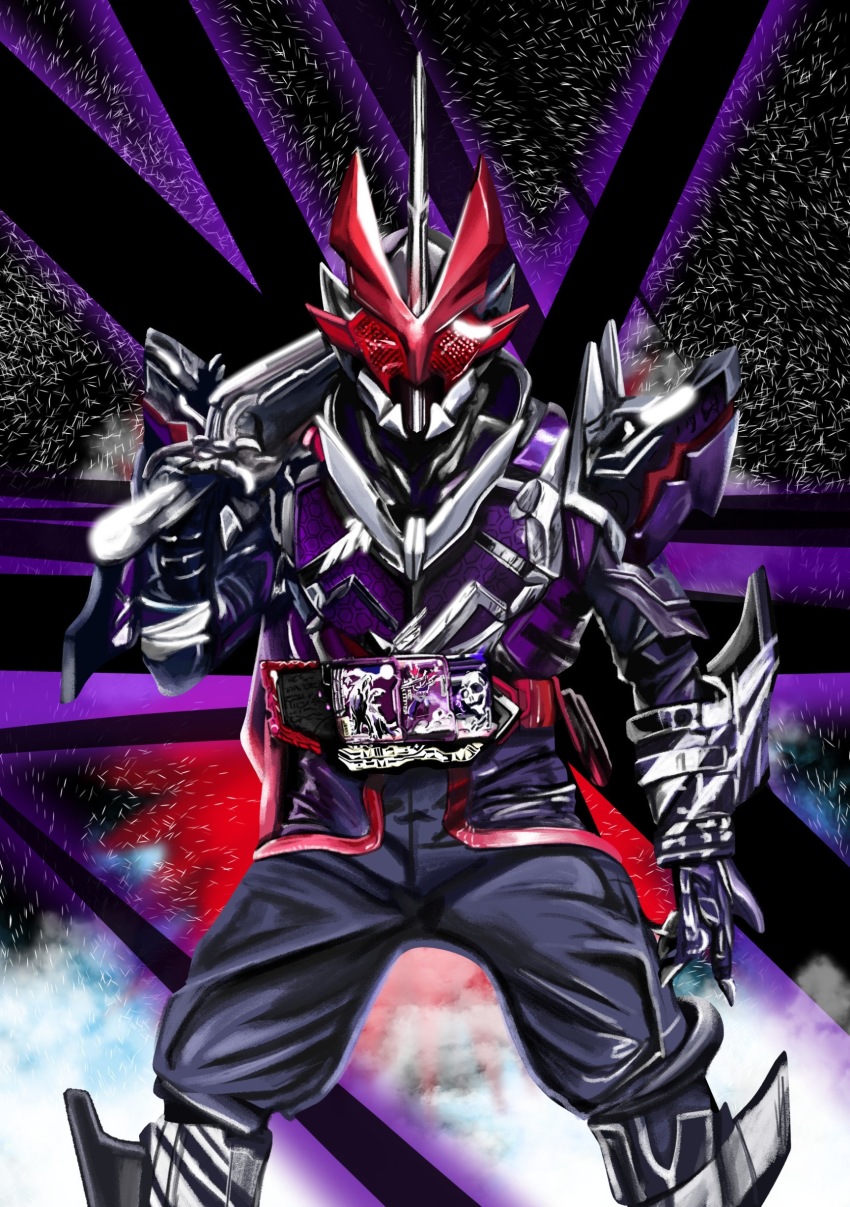 1boy 4ze_meteor absurdres armor black_bodysuit black_gloves bodysuit desast gaikotsu_ninjaden_wonder_ride_book gloves highres holding holding_sword holding_weapon kamen_rider kamen_rider_desast kamen_rider_outsiders kamen_rider_saber_(series) kokuranken_shikkoku purple_armor red_eyes seiken_swordriver shoulder_armor standing straight-on sword sword_on_back weapon weapon_on_back wonder_ride_book