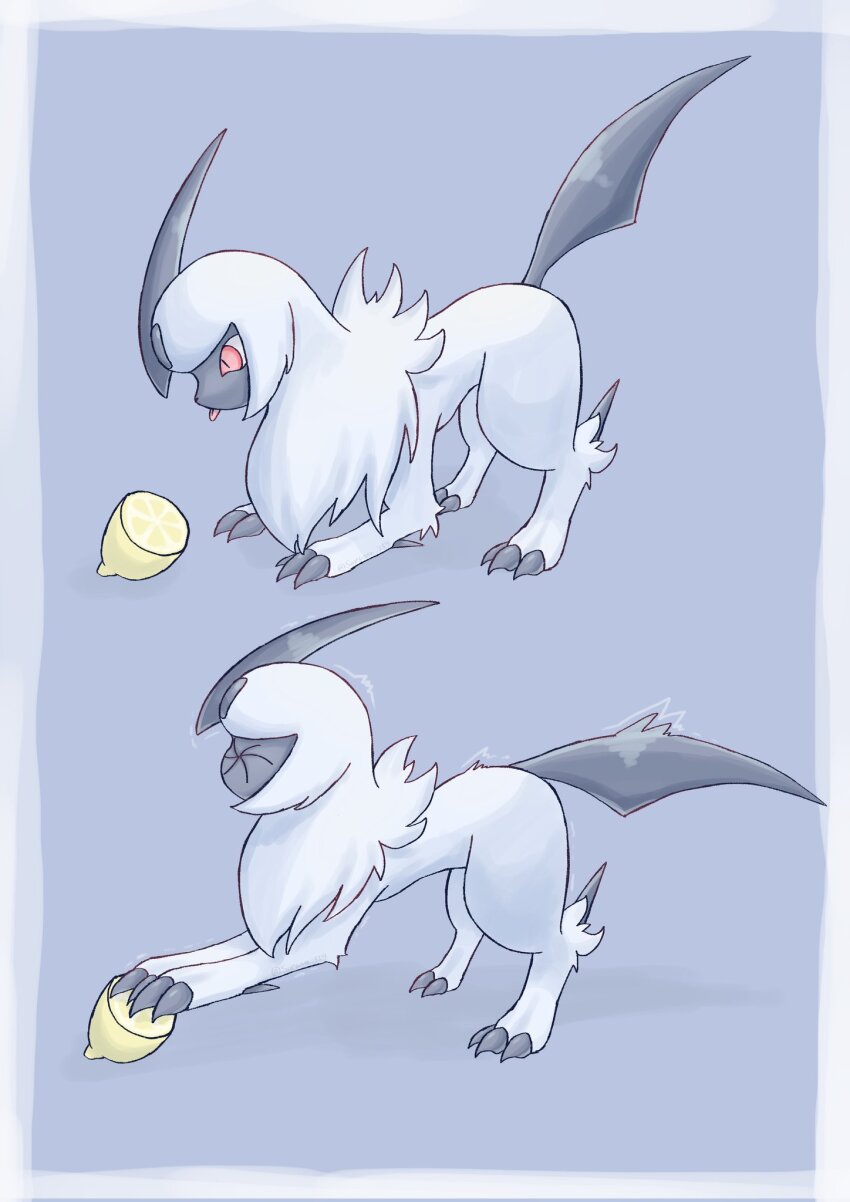 absol animal_focus claws food fruit gen_3_pokemon highres horns lemon meme nintendo pokemon pokemon_(creature) red_eyes single_horn soruva_359 sour_(taste) thour_(meme) tongue tongue_out white_hair