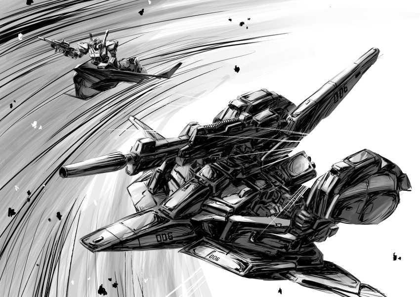 absurdres aircraft beam_rifle commentary_request derivative_work energy_gun gundam highres hyaku_shiki machinery mecha mecha_focus military mobile_suit monochrome no_humans riding robot science_fiction spacecraft starfighter wave_rider weapon zandan_zero_to_na!? zeta_gundam zeta_gundam_(mobile_suit)