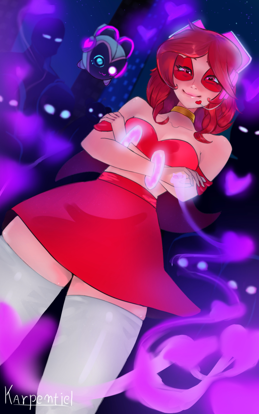 1girl crossed_arms heart heart-shaped_pupils highres miss_heed night non-web_source pink_eyes pink_hair pink_skirt skirt smile smoke standing symbol-shaped_pupils thighhighs villainous white_thighhighs