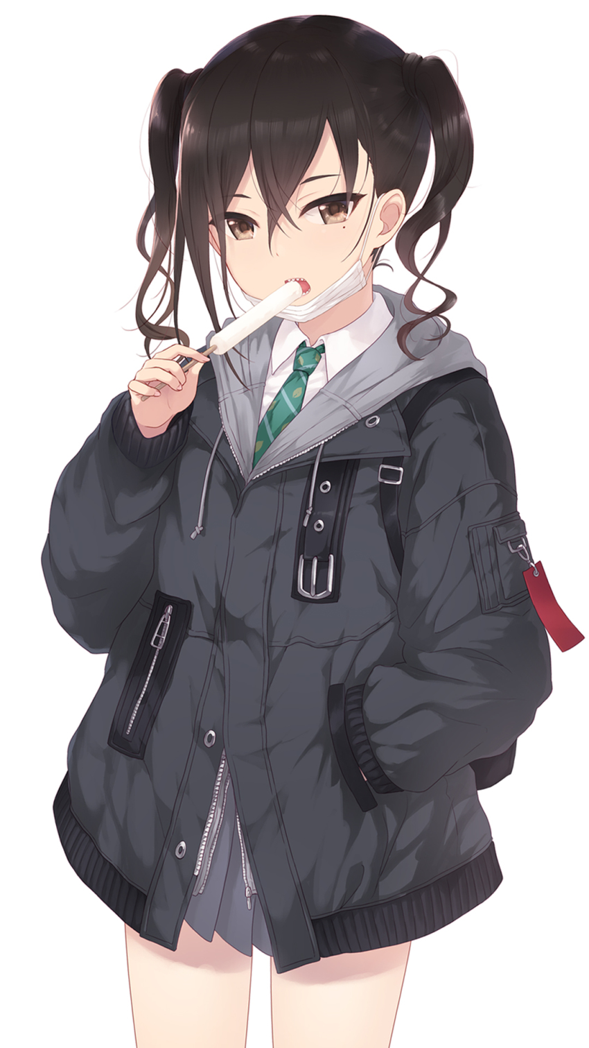 1girl blush brown_eyes brown_hair cait_aron commentary_request cowboy_shot eating food full_body green_necktie grey_skirt hair_between_eyes hand_in_pocket highres holding ice_cream idolmaster idolmaster_cinderella_girls long_hair long_sleeves looking_at_viewer mask mask_pull miniskirt mole mole_under_eye mouth_mask necktie open_mouth parka pleated_skirt popsicle sexually_suggestive sharp_teeth shirt simple_background skirt solo sunazuka_akira surgical_mask teeth twintails white_background