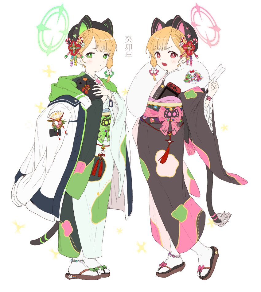2girls absurdres animal animal_ears anklet asymmetrical_bangs asymmetrical_sidelocks beret black_jacket black_kimono blonde_hair blue_archive blunt_bangs bow bracelet braid bubble_bobble cat_ears cat_tail chestnut_mouth dal-gi fake_animal_ears fake_tail flower_knot food fruit full_body fur-trimmed_kimono fur_collar fur_trim furisode green_eyes green_jacket green_kimono green_sash hair_ornament halo hand_fan hat highres holding holding_animal holding_paper jacket jacket_on_shoulders jacket_over_kimono japanese_clothes jewelry kimono kirby kirby_(series) kouhaku_nawa light_blush mandarin_orange midori_(blue_archive) momoi_(blue_archive) multicolored_jacket multicolored_kimono multiple_girls new_year nintendo nintendo_switch obi open_mouth pac-man pac-man_(game) paper parted_lips pink_eyes pink_kimono pink_sash rabbit rope sandals sash shide shimenawa side_braid smile standing tabi tail talisman v-shaped_eyebrows white_background white_jacket white_kimono wide_sleeves zouri