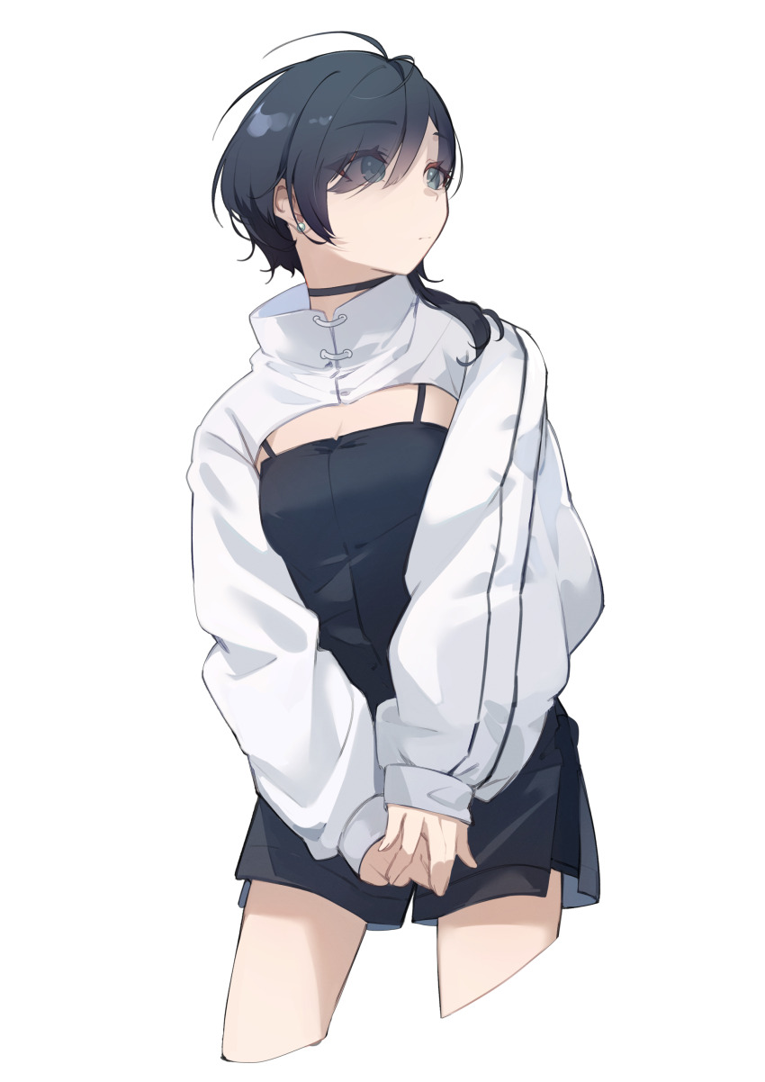 1girl absurdres black_choker black_hair black_romper blue_eyes breasts choker cleavage closed_mouth commentary contrapposto cropped_legs earrings english_commentary eyes_visible_through_hair hair_over_shoulder highres jewelry kamatpit long_sleeves looking_to_the_side mandarin_collar medium_breasts medium_hair original own_hands_together parted_bangs pearl_earrings puffy_long_sleeves puffy_sleeves romper shrug_(clothing) side_slit simple_background sleeves_past_wrists solo spaghetti_strap standing striped_sleeves turning_head v_arms white_background white_shrug
