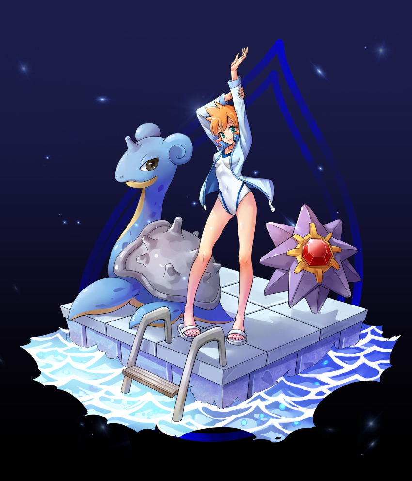 1girl absurdres feet gen_1_pokemon green_eyes gym_leader hand_up highres jacket lapras le_yao misty_(pokemon) nintendo one-piece_swimsuit open_clothes open_jacket pokemon pokemon_(creature) pokemon_hgss sandals short_hair smile starmie swimsuit water white_one-piece_swimsuit