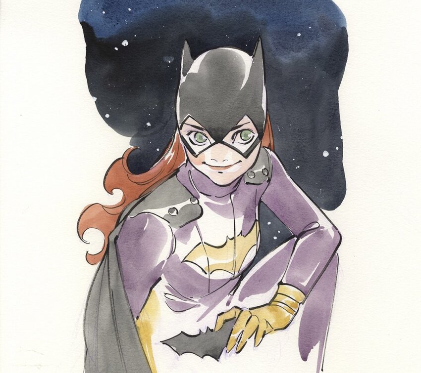 1girl apron barbara_gordon batarang batgirl batman_(series) black_apron breasts dc_comics green_eyes mask orange_hair painting_(medium) peach_momoko small_breasts smile solo superhero_costume traditional_media watercolor_(medium)