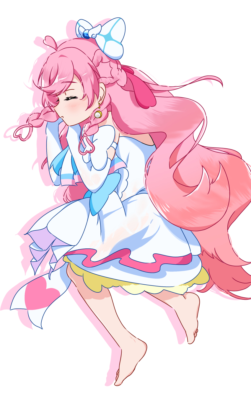 1girl absurdres ahoge arm_bow ascot bare_shoulders barefoot blue_bow bow braid closed_eyes closed_mouth commentary cure_prism dress dress_bow drop_shadow earrings elbow_gloves feet frilled_dress frills full_body gloves hair_bow hair_ornament half_up_braid halter_dress halterneck heart heart_ahoge highres hirogaru_sky!_precure jewelry layered_dress long_hair lying magical_girl medium_dress nijigaoka_mashiro on_side pink_hair precure side_braids simple_background single_earring sleeping sleeveless sleeveless_dress solo sphere_earrings swept_bangs symbol-only_commentary toes white_ascot white_background white_bow white_dress white_gloves wing_hair_ornament yuduru_1008