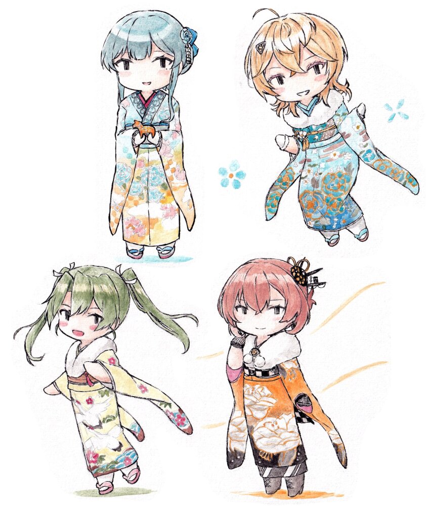 blonde_hair blush chibi dalecarlian_horse floral_print fur_collar gloves gotland_(kancolle) gotland_(new_year)_(kancolle) green_hair hair_ornament hair_ribbon highres holding japanese_clothes kantai_collection kimono long_hair long_sleeves mole mole_under_eye multiple_girls mutsu_(kancolle) mutsu_(new_year)_(kancolle) obi official_alternate_costume open_mouth poipoi_purin ribbon sash short_hair simple_background tuscaloosa_(kancolle) tuscaloosa_(new_year)_(kancolle) twintails white_background white_gloves white_ribbon wide_sleeves zuikaku_(kancolle) zuikaku_(new_year)_(kancolle)