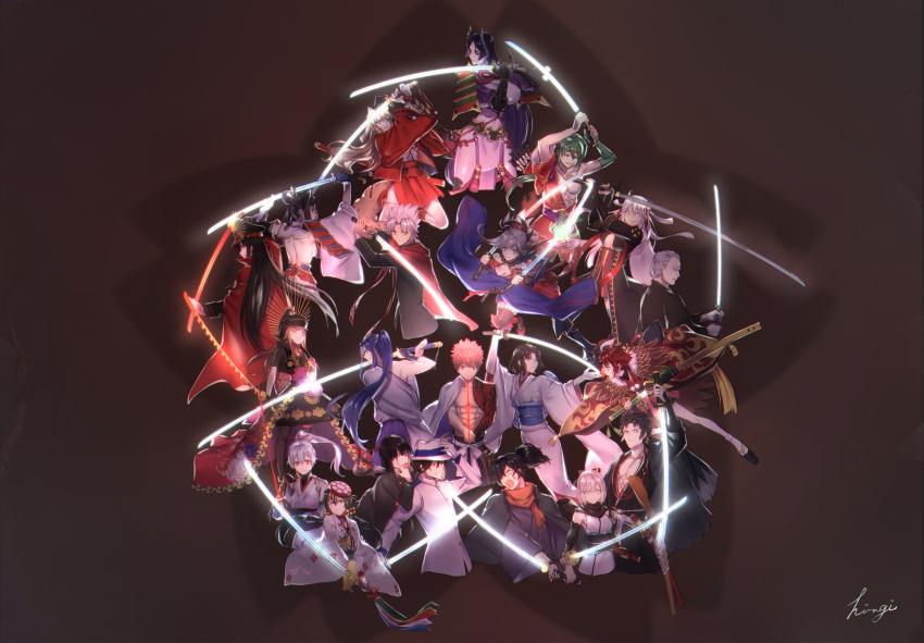 6+boys 6+girls abs amakusa_shirou_(fate) animal_ear_fluff animal_ears arm_guards armor asymmetrical_hair asymmetrical_sleeves aunt_and_niece beard beni-enma beni-enma_(second_ascension) bird_hat black_bow black_cloak black_gloves black_hair black_legwear black_scarf blue_eyes blue_hair blue_kimono bodysuit bow breasts brown_eyes brown_headwear brown_kimono brown_scarf cape chacha_(fate) cloak craft_essence_(fate) crest dark-skinned_male dark_skin detached_sleeves dress dual_wielding earrings emiya_shirou facial_hair family_crest fate/apocrypha fate/grand_order fate/stay_night fate_(series) fedora fingerless_gloves fox_ears fox_girl fox_tail gloves grey_hair grey_scarf hair_ornament haori hat headband high_collar highres hiiragi_(karashriker) hijikata_toshizou_(fate) holding holding_sword holding_weapon horns igote jacket japanese_armor japanese_clothes jewelry kara_no_kyoukai katana kimono koha-ace large_breasts leaf_print limited/zero_over loincloth long_hair low-tied_long_hair low_ponytail magatama magic_circuit maple_leaf_print military_hat minamoto_no_raikou_(fate) mismatched_sleeves miyamoto_musashi_(fate) miyamoto_musashi_(third_ascension)_(fate) mochizuki_chiyome_(fate) monohoshizao multiple_boys multiple_girls neckerchief obi oda_nobunaga_(fate) oda_nobunaga_(koha-ace) oda_uri ohitsu okada_izou_(fate) okita_souji_(fate) okita_souji_(koha-ace) okita_souji_alter_(fate) old old_man oni_horns oryou_(fate) parted_bangs peaked_cap pink_hair ponytail purple_bodysuit purple_eyes purple_hair red_bow red_cape red_eyes ribbed_sleeves ryougi_shiki sakamoto_ryouma_(fate) sandals sasaki_kojirou_(fate) sash scarf senji_muramasa_(fate) shinsengumi short_kimono shrug_(clothing) side_ponytail single_bare_shoulder single_sidelock sleeveless sleeveless_dress sleeveless_kimono sleeveless_turtleneck suzuka_gozen_(fate) swept_bangs sword tabard tail tassel tawara_touta_(fate) thighhighs tomoe_gozen_(fate) torn_clothes torn_neckerchief turtleneck unsheathed ushiwakamaru_(fate) very_long_hair weapon weapon_connection white_hair white_headwear white_jacket white_kimono wide_sleeves yagyuu_munenori_(fate)
