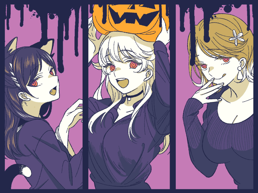 3girls :d alternate_eye_color animal_ears arms_up black_choker black_hair black_shirt breasts brown_hair cat_ears cat_tail choker cleavage earrings fang flower hair_flower hair_ornament halloween highres jack-o&#039;-lantern jewelry kuramochi_momo licking_lips long_hair long_sleeves miyao_nemu multiple_girls open_mouth purple_hair red_eyes shirt smile tail tongue tongue_out wakatsuki_niko witch_watch yoshitaka_(palooo)