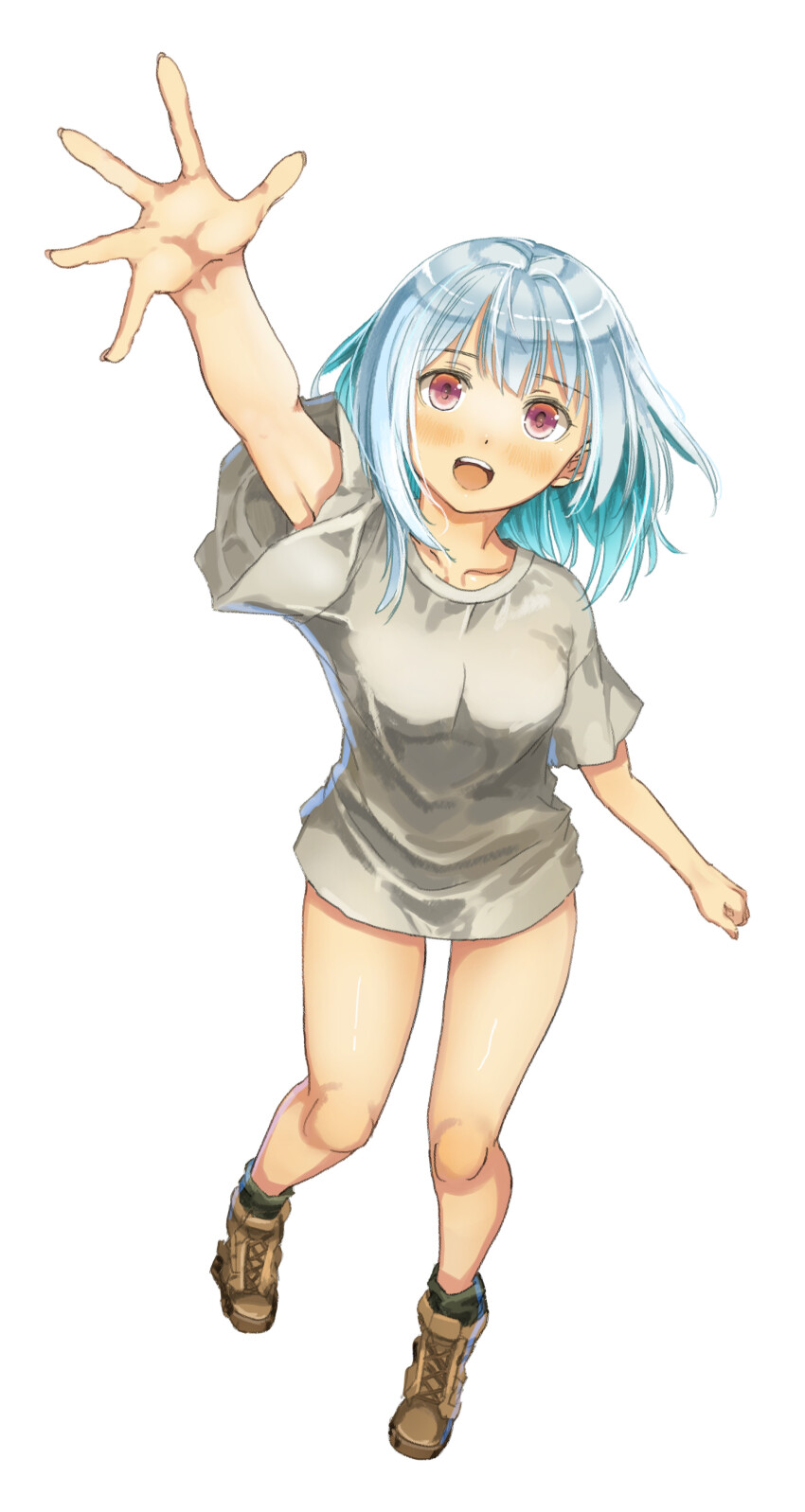 1girl absurdres blue_hair boots bottomless breasts brown_boots brown_eyes collarbone colored_inner_hair garimpeiro grey_hair head_tilt highres lulu_(bang_bravern) medium_breasts multicolored_hair open_hand open_mouth simple_background smile solo white_background yuuki_bakuhatsu_bang_bravern