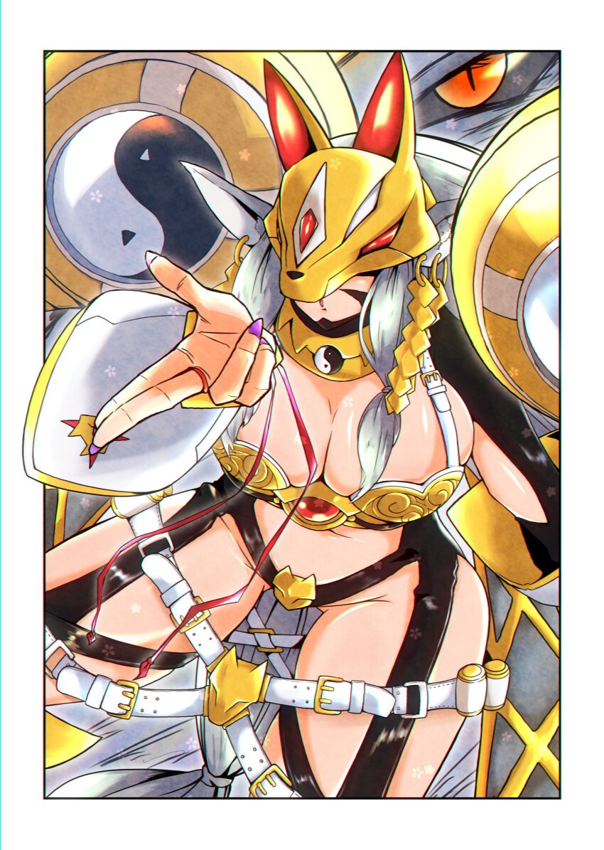 1girl absurdres armor bikini_armor blowing_kiss breasts cleavage cowboy_shot digimon digimon_(creature) fox_mask grey_hair highres large_breasts long_hair mask nail_polish navel pied_piper revealing_clothes sakuyamon_x-antibody solo