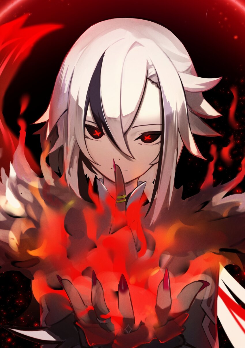 1girl absurdres arlecchino_(genshin_impact) black_background black_eyes black_hair closed_mouth embers fingernails fire genshin_impact hair_between_eyes highres jewelry long_bangs long_fingernails long_hair looking_at_viewer magic multicolored_hair nail_polish pyrokinesis red_nails red_pupils ring sharp_fingernails solo streaked_hair symbol-shaped_pupils upper_body white_hair worimehl x-shaped_pupils