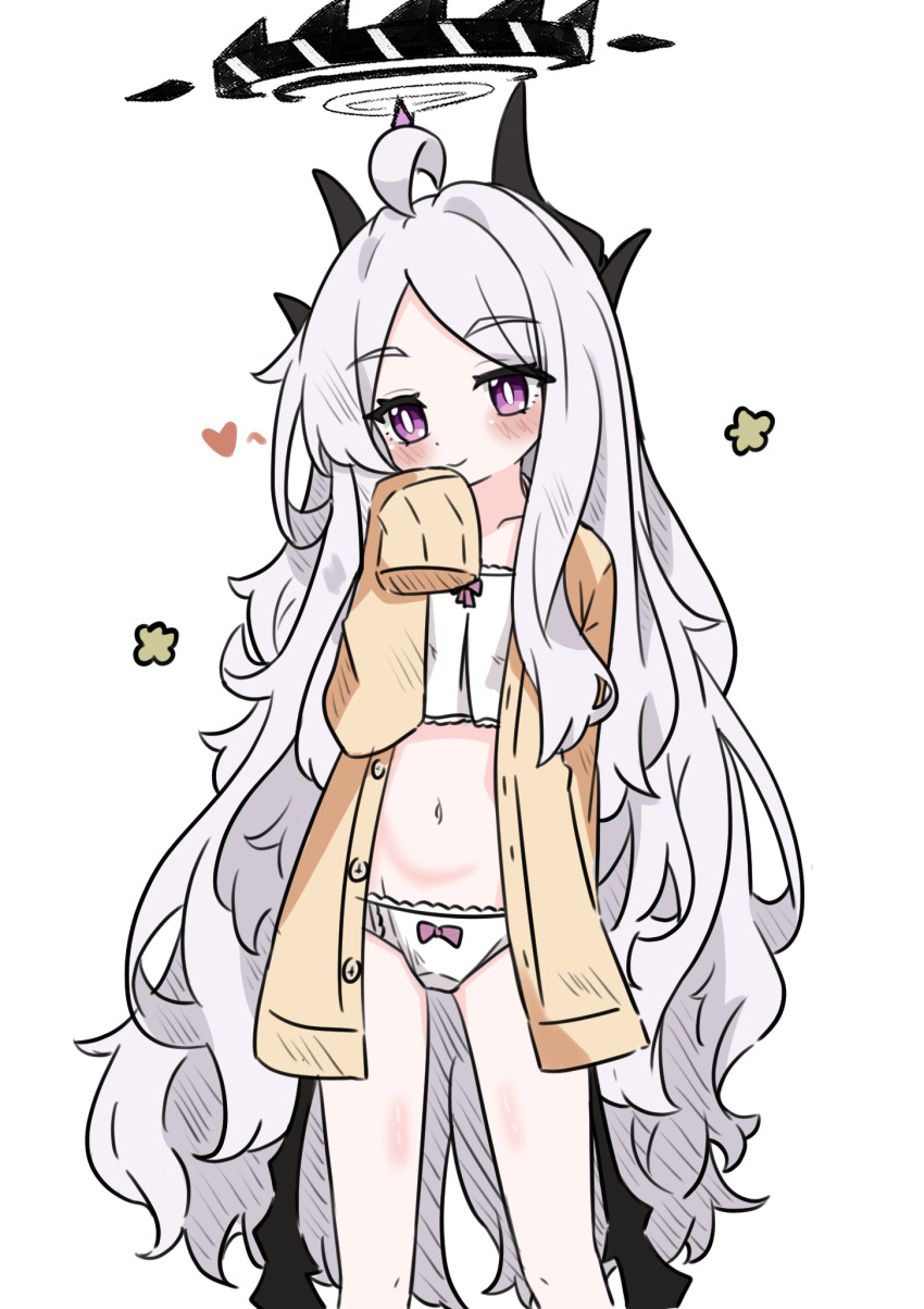 1girl ahoge alternate_costume black_halo black_horns black_wings blue_archive bow bow_camisole bow_panties bright_pupils camisole closed_mouth commentary demon_horns demon_wings e_v_e_neko feet_out_of_frame halo heart highres hina_(blue_archive) horns loli long_hair long_sleeves looking_at_viewer panties parted_bangs purple_eyes shirt sleeves_past_wrists smile underwear very_long_hair white_camisole white_hair white_panties white_pupils wings yellow_shirt