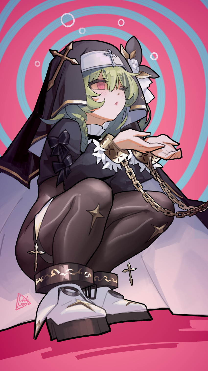 1girl absurdres black_shrug bodystocking boots chain change_in_common_sense cross cuffs cupping_hands empty_eyes from_below full_body green_hair hair_between_eyes hands_up highres huanxiang_koudai_meow hypnosis linkai_nuofu long_sleeves mind_control nun original own_hands_together red_eyes shackles shoes shrug_(clothing) signature spiral_background squatting virtual_youtuber white_shoes