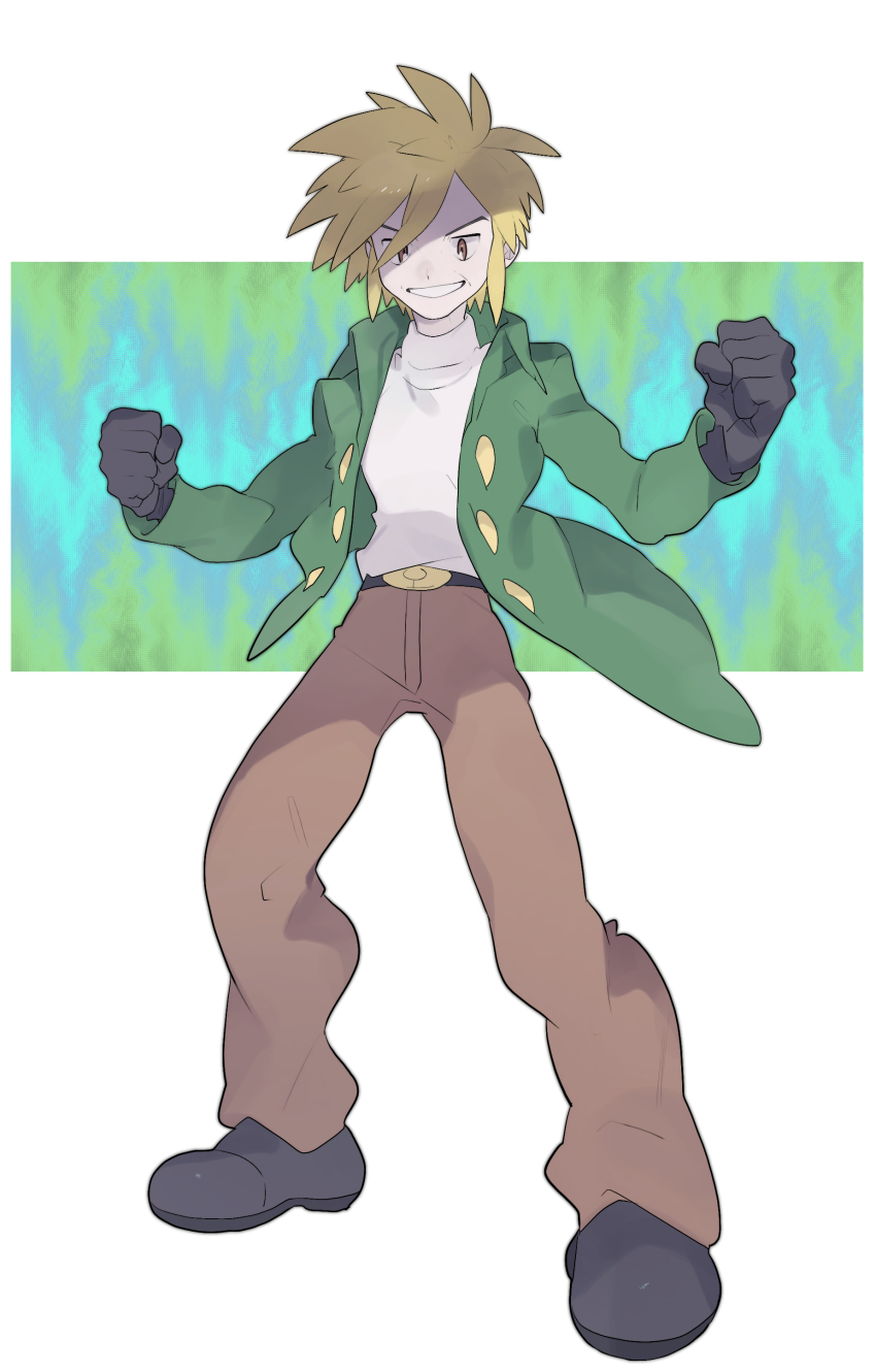 1boy absurdres belt belt_buckle blonde_hair brown_pants buckle buttons clenched_hands coat frontier_brain full_body gloves green_coat grey_gloves grey_shoes grin hands_up highres legs_apart long_sleeves male_focus mimura_(nnnnnnnnmoo) nintendo open_clothes open_coat palmer_(pokemon) pants pokemon pokemon_dppt shirt shoes short_hair smile solo standing teeth white_shirt