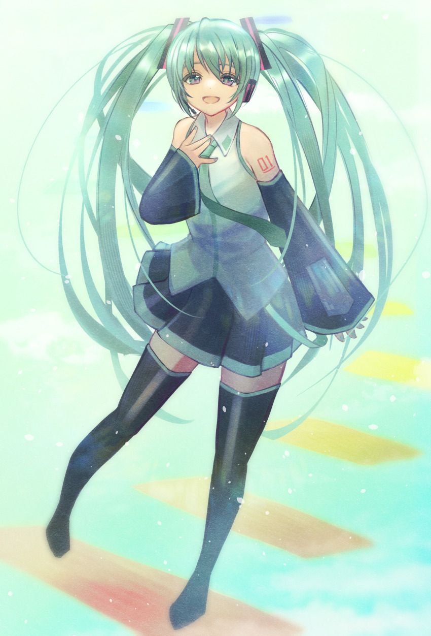 1girl :d absurdres aqua_eyes aqua_hair arm_tattoo black_boots black_skirt boots collared_shirt commentary_request detached_sleeves full_body green_necktie grey_shirt hair_between_eyes hatsune_miku headset highres long_hair long_sleeves melt_(vocaloid) miku_day necktie number_tattoo open_mouth partial_commentary pleated_skirt shirt skirt sleeveless sleeveless_shirt smile solo tattoo thigh_boots tongue tsumurimai twintails vocaloid