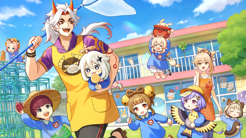 &gt;_&lt; +_+ 2boys 6+girls :3 :d :o absurdres ahoge all_fours animal_ear_fluff animal_ears animal_hood apron aranara_(genshin_impact) arataki_itto arm_up arms_up bangs_pinned_back beetle bell black_eyes black_footwear black_pants blonde_hair bloomers blue_shirt blue_sky blunt_bangs blush bodypaint bow-shaped_hair bracelet braid brown_eyes brown_footwear brown_hair brown_hat bug building butterfly_net candy carrying cat cat_ears cat_girl cat_tail child closed_eyes closed_mouth cloud coin_hair_ornament collared_shirt colored_inner_hair commentary_request crossed_bangs day diona_(genshin_impact) dodoco_(genshin_impact) double-parted_bangs dress drooling earrings eyelashes eyeshadow facepaint fake_animal_ears fake_tail fangs floating_hair food forehead freckles genshin_impact geta gradient_hair grandmaster_hanakado_(genshin_impact) green_eyes grey_hair hair_bell hair_between_eyes hair_ornament halo hand_net hand_up hat high_ponytail highres holding holding_butterfly_net holding_candy holding_food holding_hands holding_kite holding_lollipop hood hood_up horns insect bug_cage jewelry jingle_bell jumping jumpy_dumpty jungle_gym kindergarten kindergarten_uniform kite klee_(genshin_impact) leaf leaf_on_head licking lollipop long_hair long_sleeves looking_at_another low_twintails makeup medium_hair multicolored_hair multiple_boys multiple_girls name_tag ofuda ofuda_on_head onigiri onikabuto_(genshin_impact) open_mouth orange_cat orange_dress orange_eyeshadow orange_ribbon orange_shoes outdoors paimon_(genshin_impact) pants parted_bangs pink_hair pocket pointy_ears ponytail poster_(object) purple_hair purple_shirt qiqi_(genshin_impact) raccoon_ears raccoon_girl raccoon_hood raccoon_tail railing raised_eyebrows red_eyes red_hair red_horns ribbon running sandals sayu_(genshin_impact) school_hat shiki_koshou shiki_taishou shirt shoes short_hair short_sleeves sidelocks single_braid sky sleeping sliding_doors slime_(genshin_impact) smile socks star_(symbol) star_hair_ornament stone_wall sun_hat swirl_lollipop tail tail_ornament tail_ribbon teeth thick_eyebrows tongue tongue_out tree twintails underwear upper_teeth_only ushi_(genshin_impact) v-shaped_eyebrows very_long_hair wall white_bloomers white_hair white_socks window wing_collar yaoyao_(genshin_impact) yellow_apron yellow_eyes yellow_hat yellow_shoes yoimiya_(genshin_impact) yuegui_(genshin_impact) yuko666